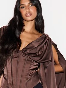KIZN Satin Corset Blouse With Dramatic Batwing Sleeves Deep Plunge Neckline Boning Detail Open Back Evening Party Top - Multicolor - View 5