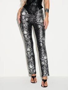 KIZN Snake Print High Rise Straight Leg Full Length Dress Pants With All Over Python Scale Pattern For Night Out Party Season - Multicolor - View 1