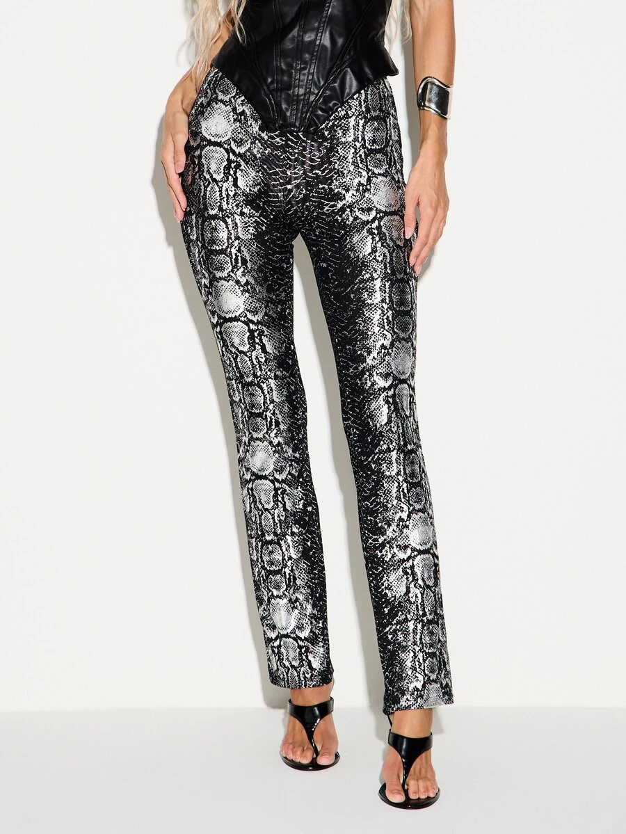 KIZN Snake Print High Rise Straight Leg Full Length Dress Pants With All Over Python Scale Pattern For Night Out Party Season - Multicolor - View 1