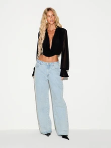 KIZN Plunge Cowl Neck Crop Blouse With Bell Sleeves And Sheer Mesh Long Sleeve Ruched Party Night Out Top - Purple - View 3