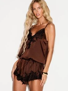 KIZN Satin Lace Trim Cami Top And Short Romper Set With V-Neck Adjustable Straps And Floral Applique Detail For Summer Nights - Brown - View 4
