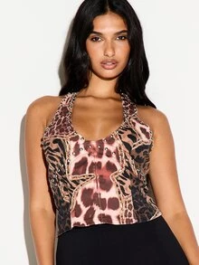 KIZN Mixed Animal Print Halter Neck Corset Crop Top With Silver Metal Eyelet Stud Detail Open Back Zip Closure Festival Party Summer Style - Multicolor - View 1