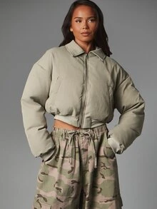 MISSGUIDED Cropped Puffer Jacket With Stand Collar Full Zip Closure Welt Pockets Oversized Fit Autumn Winter Outerwear - Green - View 1