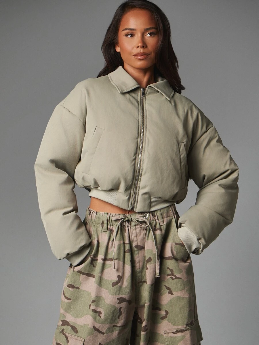 MISSGUIDED Cropped Puffer Jacket With Stand Collar Full Zip Closure Welt Pockets Oversized Fit Autumn Winter Outerwear - Green - View 1