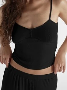 KSTM Ribbed Knit Co-Ord Set Sweetheart Cami Crop Top And Wide Leg Lounge Pants Button Detail Matching Loungewear Two-Piece Set - Black - View 5