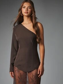 MISSGUIDED One Shoulder Long Sleeve Fitted Top Asymmetric Open Back Curved Hem Elegant Evening Party Night Out Blouse - Coffee - View 3