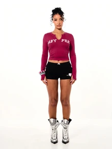 BABYPHAT Logo Ribbed Long Sleeve Crop Top With Notch Neckline And Thumbhole Cuffs Holiday Party Y2K Style - Purple - View 3