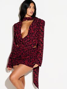 KIZN Deep Red Leopard Print Cowl Neck Cut-Out Crop Top With Bell Sleeves And High Neck Choker Detail For Night Out Party Season - Red and Black - View 2