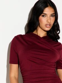 KIZN Ruched Bodycon Mini Dress With Cowl Neck Short Sleeve Stretch Knit Figure Hugging Silhouette Party Night Out Holiday Season - Burgundy - View 2