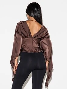 KIZN Satin Corset Blouse With Dramatic Batwing Sleeves Deep Plunge Neckline Boning Detail Open Back Evening Party Top - Multicolor - View 2