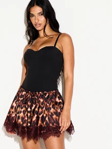 KIZN Satin Leopard Print Mini Skirt With Burgundy Lace Trim Hem Drawstring Waist Flowy Full Silhouette Party Evening Festival - Brown - View 4