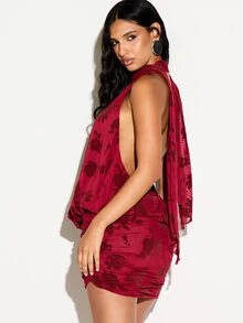 KIZN Floral Velvet Burnout Halter Neck Mini Dress Open Back Ruched Bodycon Silhouette Party Evening Valentine Holiday - Burgundy - View 3