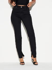 KIZN High Rise Skinny Jeans With Side Split Hem In Dark Wash Black Denim Five Pocket Style Ankle Slit Detail - Black - View 1