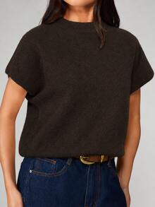 MISSGUIDED Short Sleeve Knit Sweater Top With Mock Neck And Ribbed Hem Cropped Boxy Fit Fall Winter Essential Pullover - Chocolate Brown - View 6
