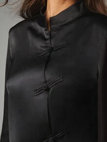 MISSGUIDED Satin Mandarin Collar Blouse With Chinese Frog Closure Long Sleeve Fitted Top Holiday Party Evening Wear - Black - View 2