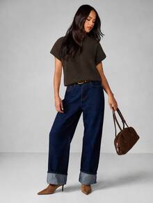 MISSGUIDED Short Sleeve Knit Sweater Top With Mock Neck And Ribbed Hem Cropped Boxy Fit Fall Winter Essential Pullover - Chocolate Brown - View 5