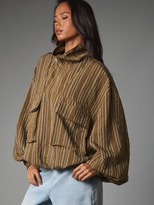 MISSGUIDED Oversized Striped Utility Jacket With Half-Zip Stand Collar Cargo Pockets And Balloon Sleeves For Fall Winter - Brown - View 4