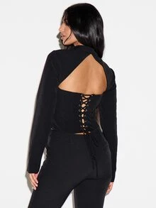 KIZN Black Long Sleeve Corset Crop Top With Cut-Out Front High Neck Lace-Up Open Back Structured Boning Panel Detail Party Night Out - Black - View 2
