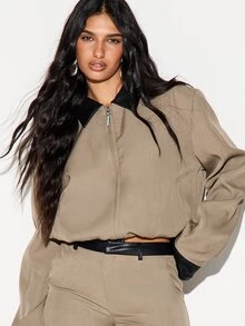 KIZN Cropped Oversized Bomber Jacket With Contrast Faux Leather Collar And Cuffs Zip Front Elasticated Hem Fall Winter Outerwear - Khaki - View 4