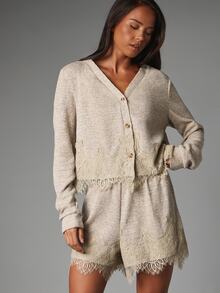 MISSGUIDED Knit Cardigan And Shorts Co-Ord Set V-Neck Button-Up Long Sleeve With Floral Lace Trim Detail Loungewear Two-Piece Autumn Winter - Apricot - View 1