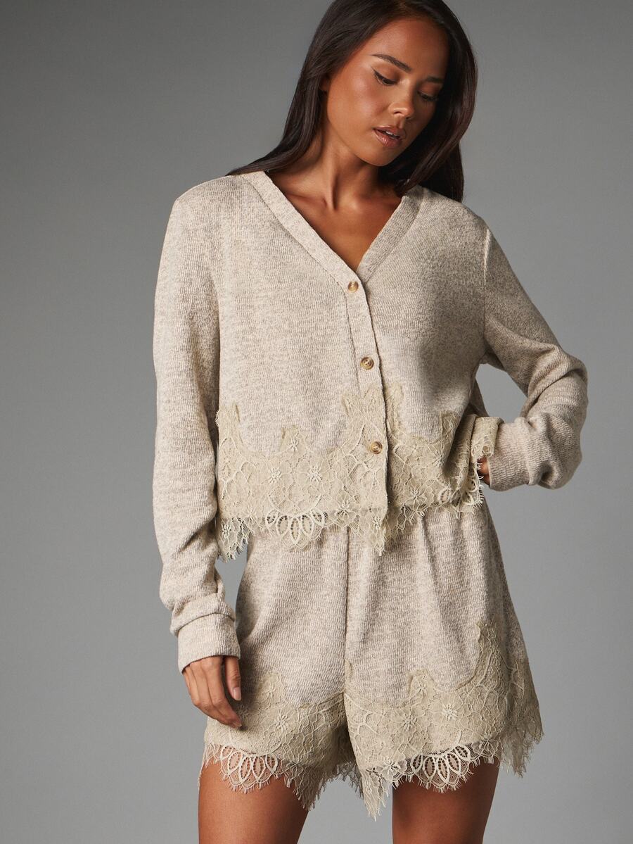 MISSGUIDED Knit Cardigan And Shorts Co-Ord Set V-Neck Button-Up Long Sleeve With Floral Lace Trim Detail Loungewear Two-Piece Autumn Winter - Apricot - View 1
