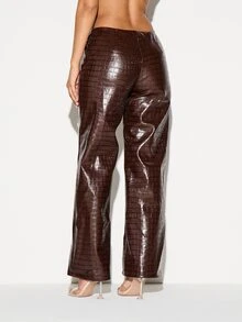 KIZN Faux Leather Crocodile Embossed Wide Leg Trousers High Gloss Crocodile Print Straight Leg Full Length Pants Fall Winter - Coffee Brown - View 3