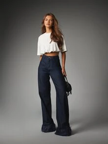 MISSGUIDED High Rise Wide Leg Dark Wash Jeans With Faux Fur Feather Hem Trim Flared Ankle Detail Statement Denim Fall Winter Party Fashion - Blue - View 2