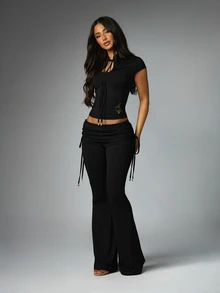 BABYPHAT Cap Sleeve Crop Top With Tie-Front Keyhole Neckline And Gold Embroidery Detail For Date Night And Holiday Party - Black - View 3