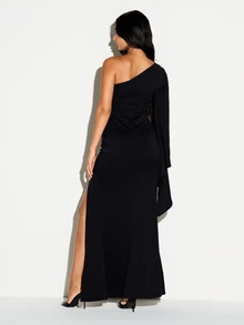 KIZN One-Shoulder Ruched Mermaid Dress With Dramatic Bell Sleeve And High Slit Party Evening Gown Holiday Formal - Black - View 3