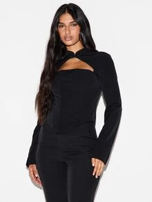 KIZN Black Long Sleeve Corset Crop Top With Cut-Out Front High Neck Lace-Up Open Back Structured Boning Panel Detail Party Night Out - Black - View 4