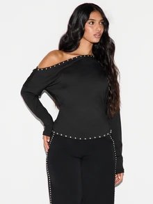 KIZN One-Shoulder Long Sleeve Top With Silver Metal Eyelet Trim Detail Perfect For Night Out Party Season - Black - View 4