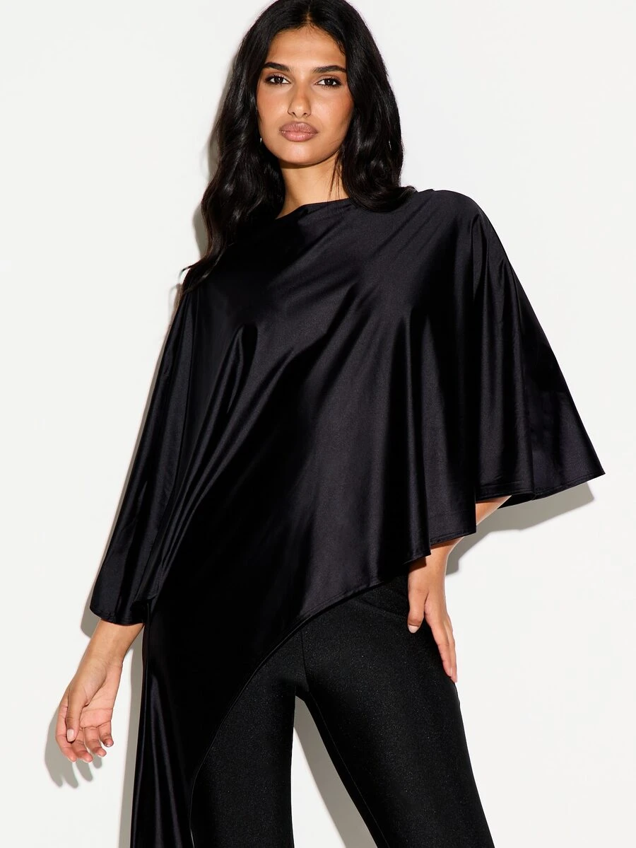 KIZN Satin Batwing Sleeve High-Low Hem Oversized Blouse Crew Neck Flowy Asymmetric Top Party Night Out Holiday - Black - View 1