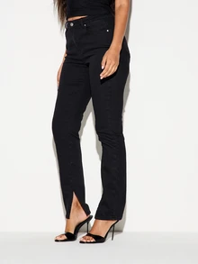 KIZN High Rise Skinny Jeans With Side Split Hem In Dark Wash Black Denim Five Pocket Style Ankle Slit Detail - Black - View 5