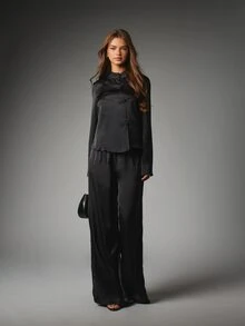 MISSGUIDED Satin Mandarin Collar Blouse With Chinese Frog Closure Long Sleeve Fitted Top Holiday Party Evening Wear - Black - View 4