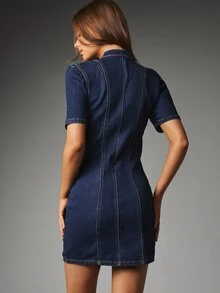 MISSGUIDED Dark Wash Denim Mini Dress With High Neck Puff Short Sleeves Silver Military Buttons And Contrast Seam Detailing - Blue - View 3