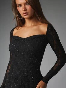 MISSGUIDED فستان ميدي ضيق مزين بالراينستون مع ياقة قلب وأكمام طويلة من الدانتيل الشفاف فستان سهرة لحفلات العطلات - الأسود - مشاهدة 4