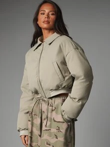 MISSGUIDED Cropped Puffer Jacket With Stand Collar Full Zip Closure Welt Pockets Oversized Fit Autumn Winter Outerwear - Green - View 4