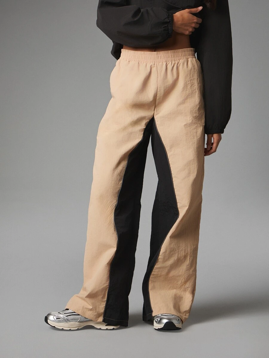MISSGUIDED Wide Leg Color Block Casual Pants With Elastic Waist Two Tone Contrast Panel Full Length Trousers Summer Festival - Khaki - View 1