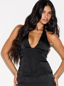 KIZN Satin Spaghetti Strap Plunge Corset Top With Double Breasted Button Detail Open Back Mini Camisole Party Night Out - Black - View 4