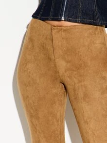 KIZN Faux Suede High Rise Cropped Leggings With Side Split Hem Soft Velvety Texture Fitted Capri Style Fall Winter Wardrobe Essential - Khaki - View 4