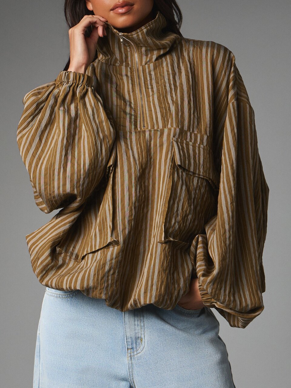 MISSGUIDED Oversized Striped Utility Jacket With Half-Zip Stand Collar Balloon Sleeves Cargo Pockets Hip Length Outerwear Fall Winter