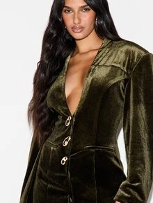 KIZN Velvet Blazer Mini Dress With Deep Plunge Neckline Gold Button Detail Long Sleeves Structured Shoulders Party Holiday Season - Black - View 5