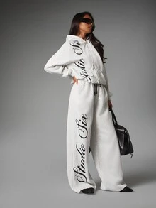 MISSGUIDED Oversized Six Script Logo Wide Leg Sweatpants With Elastic Drawstring Waist Full Length Palazzo Fleece Lounge Trousers Fall Winter Comfort Style - Light Grey - View 3