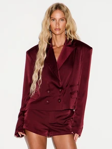 KIZN Boxy Fit Satin Double-Breasted Cropped Blazer With Lapel Collar And Welt Pockets Holiday Evening Party Jacket - Burgundy - View 1