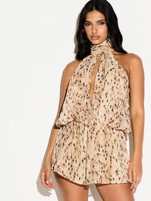 KIZN Chiffon Halter Neck Romper With Leopard Print Tie Neck Detail Open Back Mini Shorts Jumpsuit Summer Festival Holiday - Multicolor - View 5