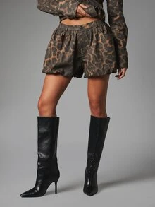 MISSGUIDED Leopard Print Wide Leg Bubble Shorts With Elastic Waist And Side Pockets Mini Length Fall Winter Party Style - Brown - View 3