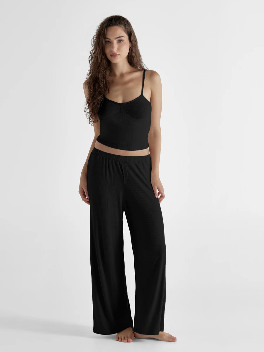 KSTM Ribbed Knit Co-Ord Set Sweetheart Cami Crop Top And Wide Leg Lounge Pants Button Detail Matching Loungewear Two-Piece Set - Black - View 1