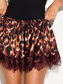 KIZN Satin Leopard Print Mini Skirt With Burgundy Lace Trim Hem Drawstring Waist Flowy Full Silhouette Party Evening Festival - Brown - View 5