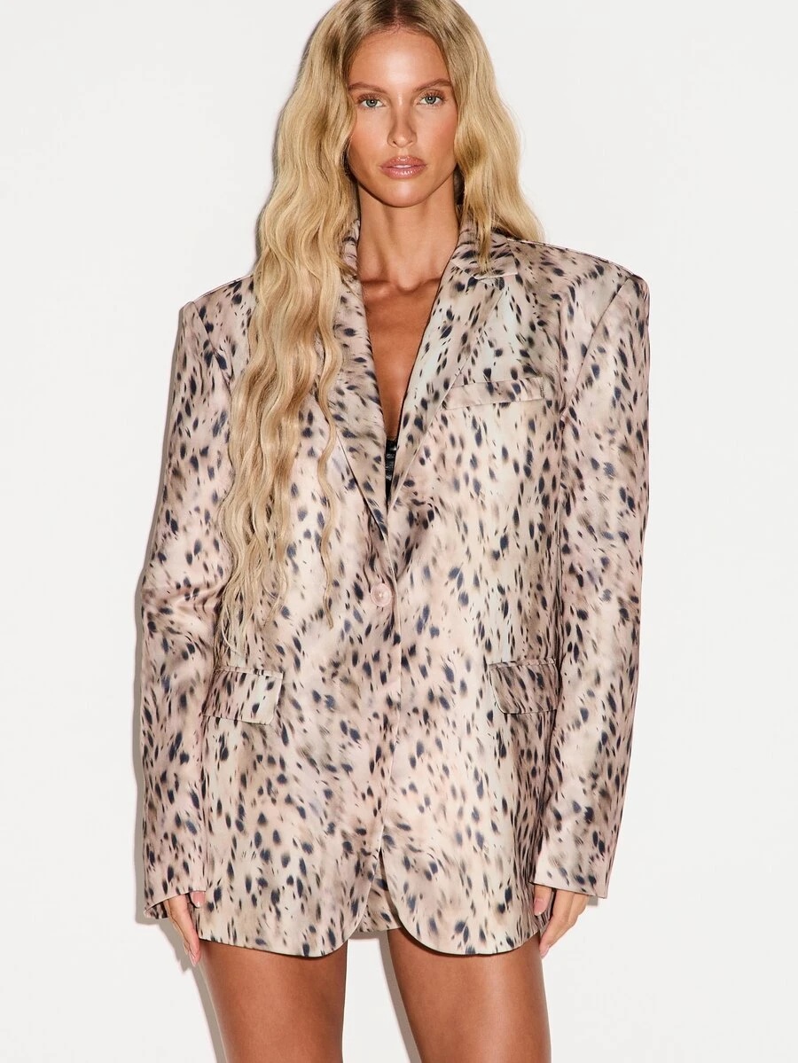 KIZN Oversized Satin Blazer With Lapel Collar Button Closure Welt Pockets Cheetah Animal Print All Over Summer Holiday Party Jacket - Multicolor - View 1