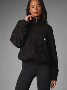 MISSGUIDED Oversized Sherpa Fleece Full Zip Jacket With Stand Collar And Ribbed Hem Cozy Winter Outerwear With Logo Patch Detail - Black - View 1